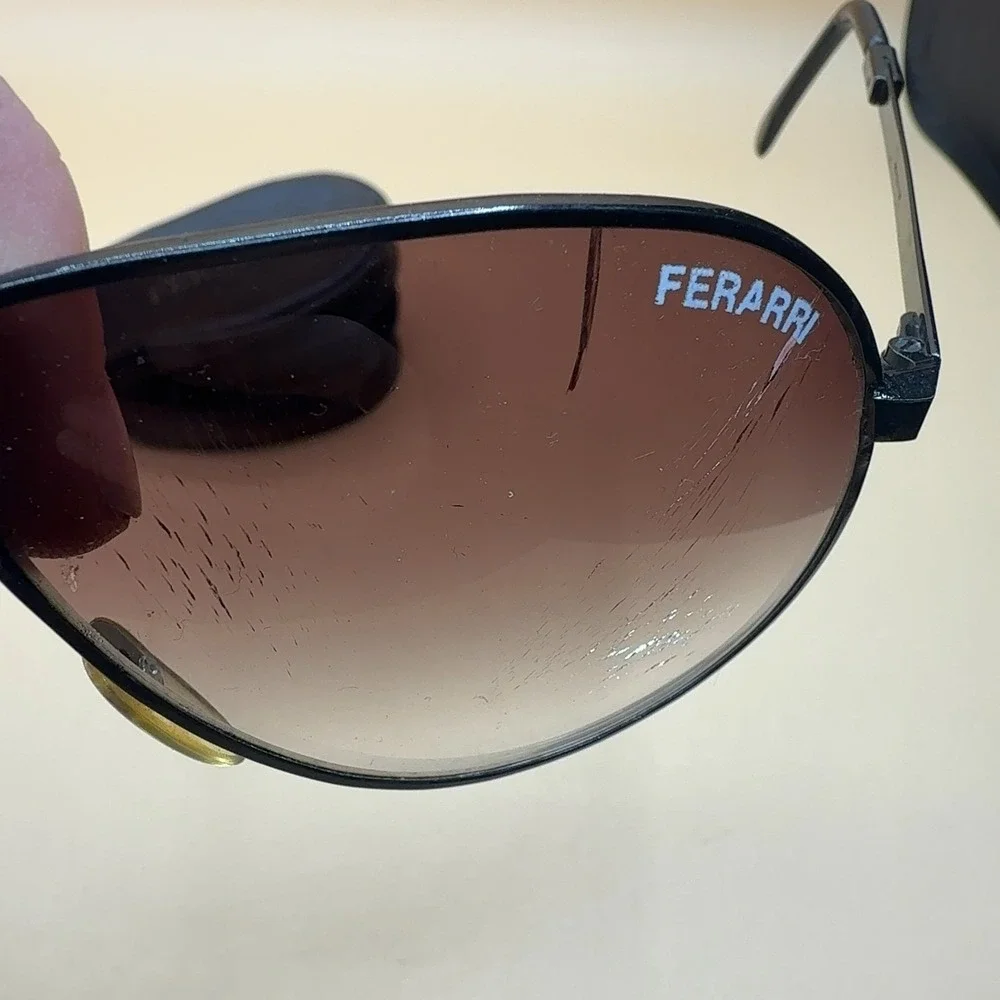 VTG Ferarri Sunglasses Aviator Black Metal Frame Brown **damaged Lens with Case